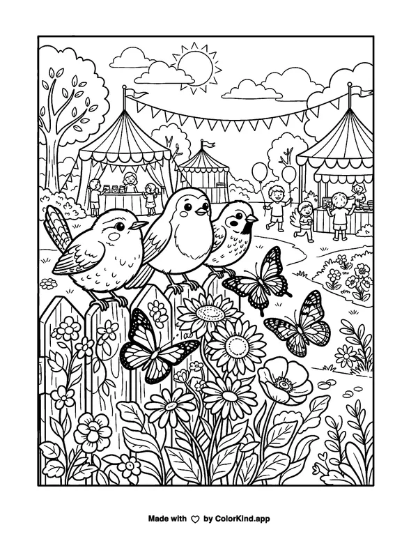 Curious garden birds watching butterflies at a cheerful outdoor festival as clean black-and-white printable line art made by ColorKind