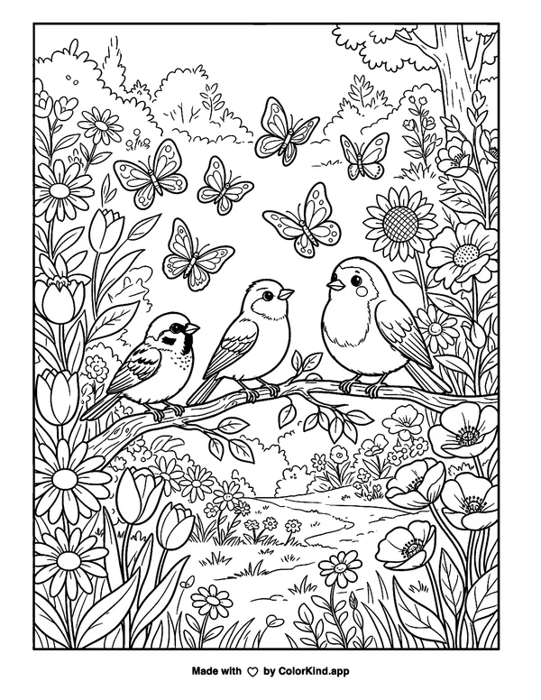 Curious garden birds watching butterflies in a flower-filled park as clean black-and-white printable line art made by ColorKind