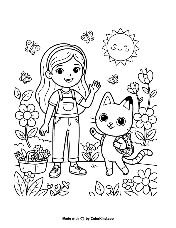 Girl and cat in a sunny flower garden as clean black-and-white printable line art made by ColorKind