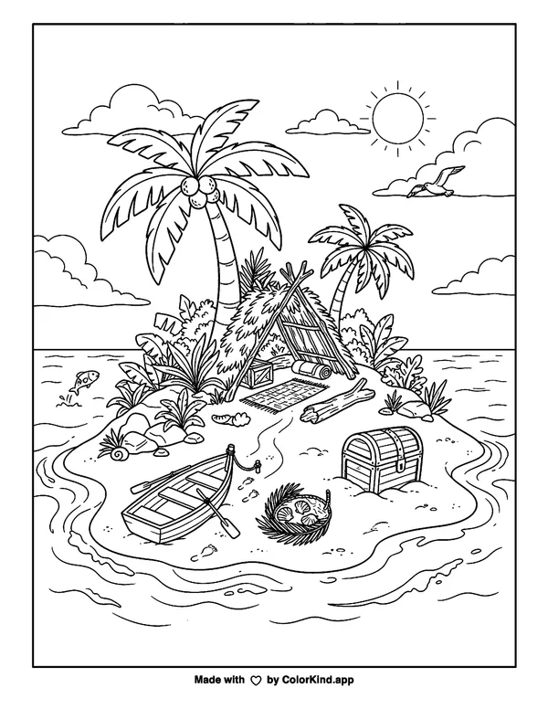 Deserted Island as clean black-and-white printable line art made by ColorKind