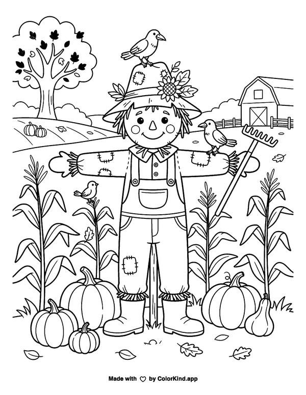 Fall Scarecrow as clean black-and-white printable line art made by ColorKind
