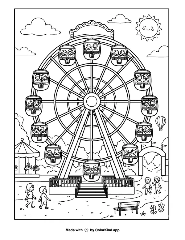 Ferris Wheel as clean black-and-white printable line art made by ColorKind