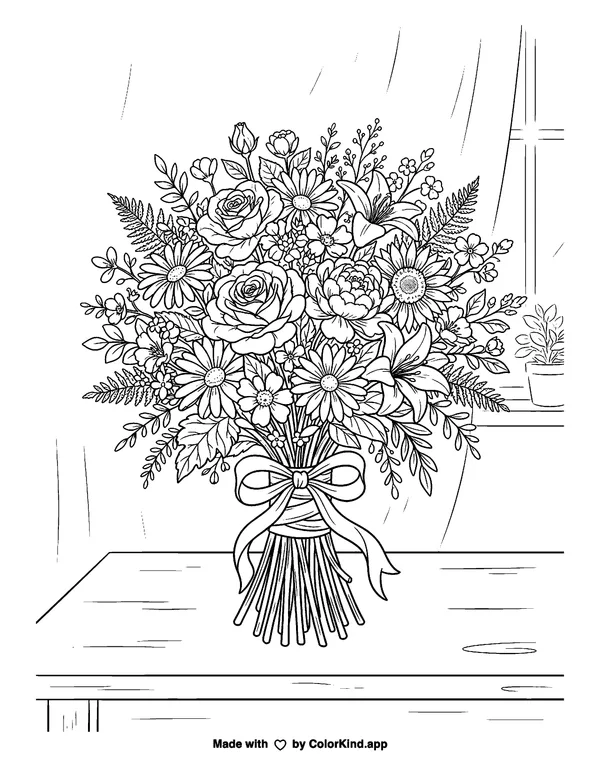 Floral Bouquet as clean black-and-white printable line art made by ColorKind