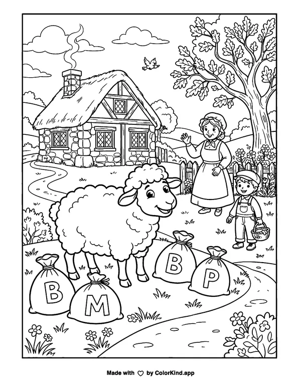 Friendly forest animals collecting fallen leaves under a sky full of clouds, scene 2 as clean black-and-white printable line art made by ColorKind