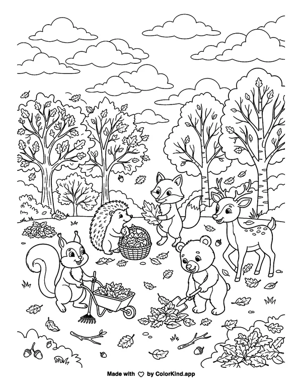 Friendly forest animals collecting fallen leaves under a sky full of clouds as clean black-and-white printable line art made by ColorKind