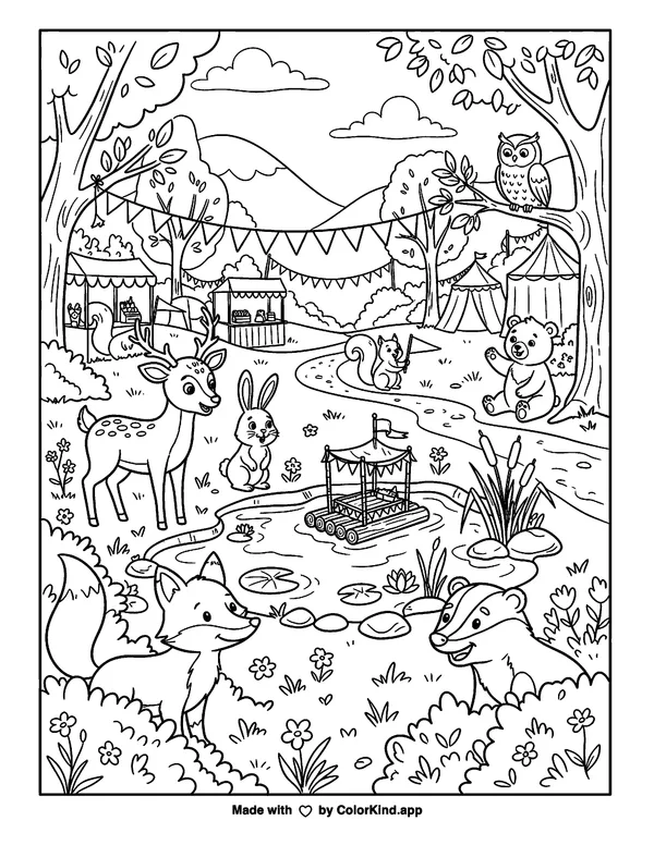 Forest Animals Camping by a Pond as clean black-and-white printable line art made by ColorKind