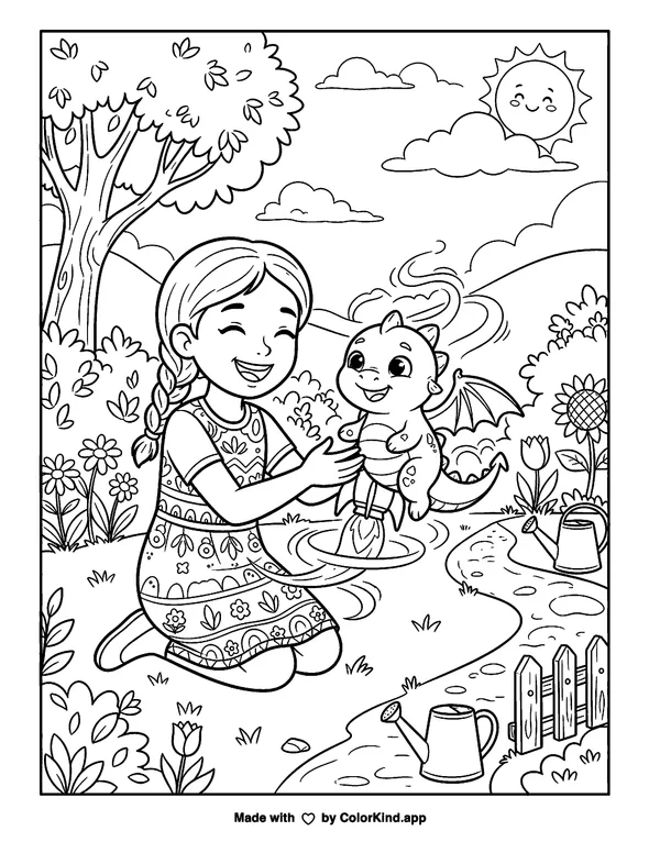 Girl with a Rocket-Powered Baby Dragon in a Garden as clean black-and-white printable line art made by ColorKind