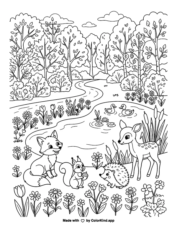 Friendly forest animals discovering a hidden pond in a flower-filled park as clean black-and-white printable line art made by ColorKind
