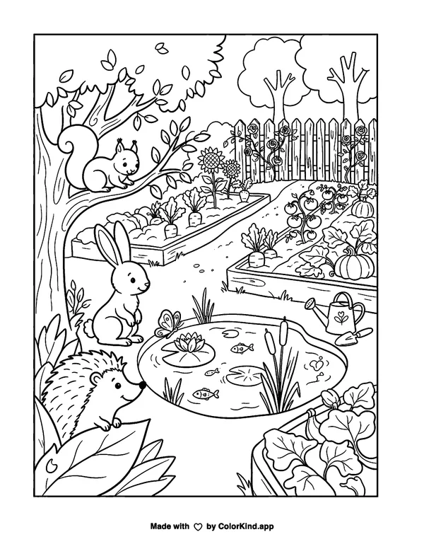 Friendly forest animals discovering a hidden pond in a lively community garden as clean black-and-white printable line art made by ColorKind