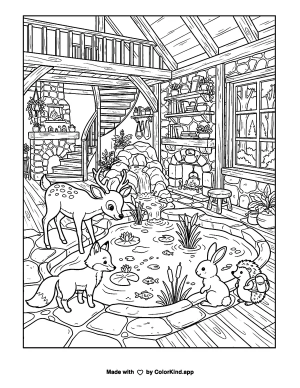 Friendly forest animals discovering a hidden pond inside a warm storybook cottage as clean black-and-white printable line art made by ColorKind