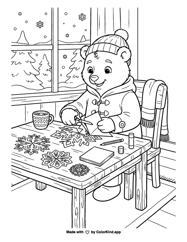 Bear crafting winter snowflakes as clean black-and-white printable line art made by ColorKind