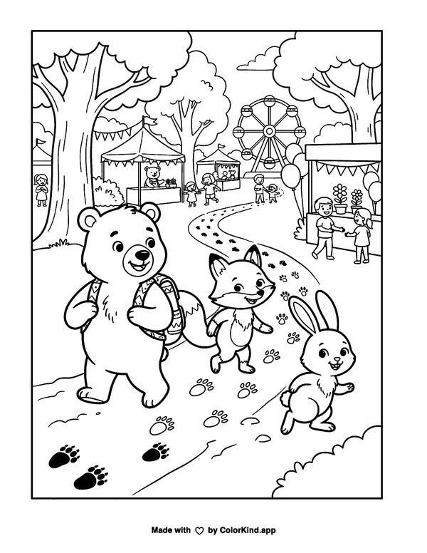 Friendly forest animals following animal tracks at a cheerful outdoor festival as clean black-and-white printable line art made by ColorKind