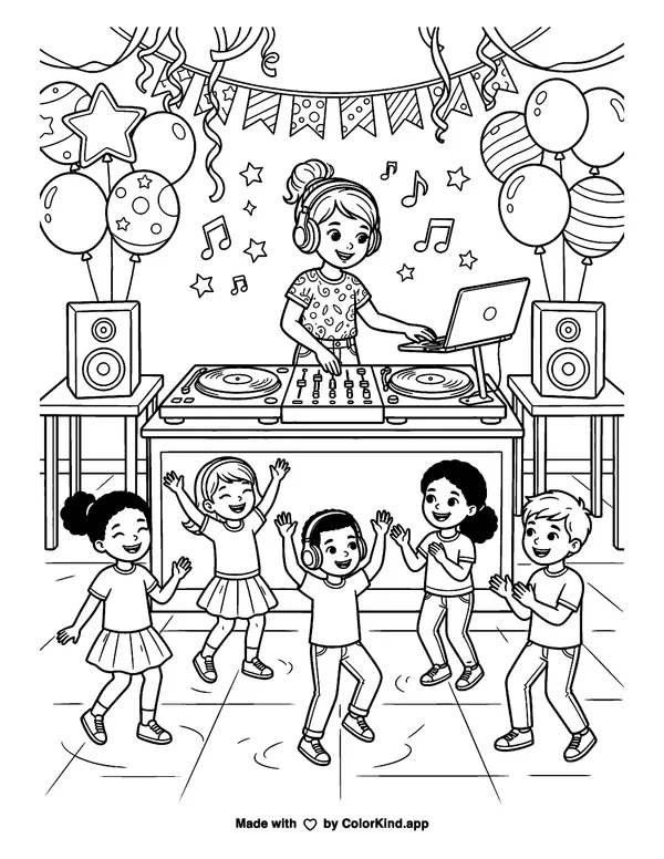 Children dancing at a party as clean black-and-white printable line art made by ColorKind