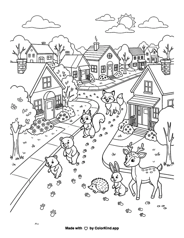 Friendly forest animals following animal tracks in a welcoming neighborhood as clean black-and-white printable line art made by ColorKind
