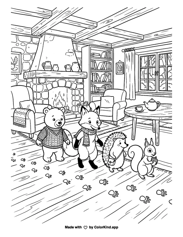 Friendly forest animals following animal tracks inside a warm storybook cottage as clean black-and-white printable line art made by ColorKind