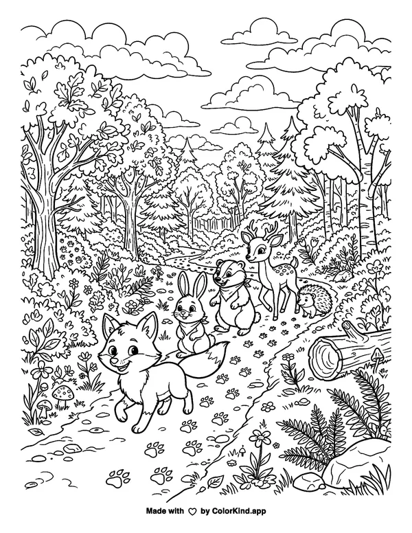 Friendly forest animals following animal tracks under a sky full of clouds as clean black-and-white printable line art made by ColorKind