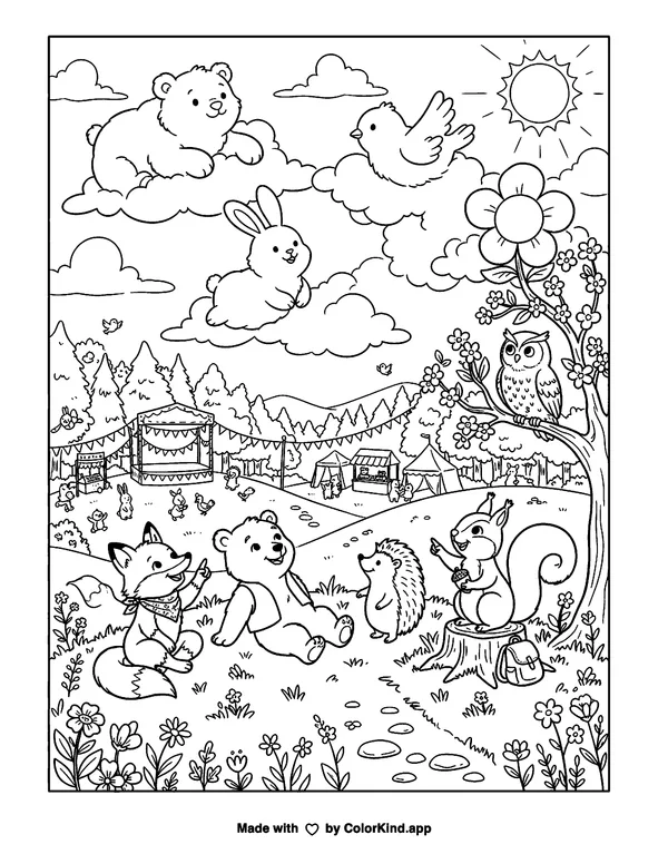 Friendly forest animals observing clouds at a cheerful outdoor festival as clean black-and-white printable line art made by ColorKind