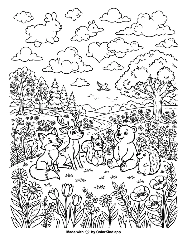 Friendly forest animals observing clouds in a flower-filled park as clean black-and-white printable line art made by ColorKind