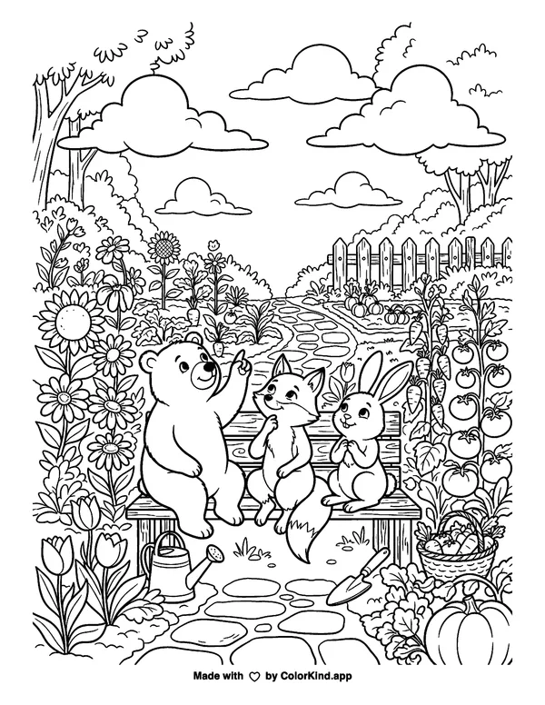 Friendly forest animals observing clouds in a lively community garden as clean black-and-white printable line art made by ColorKind