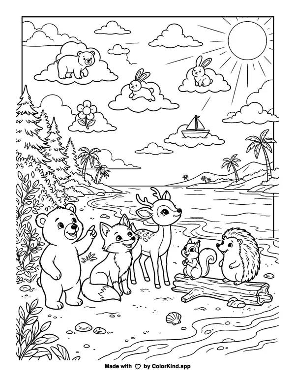 Friendly forest animals observing clouds near a sunny beach as clean black-and-white printable line art made by ColorKind