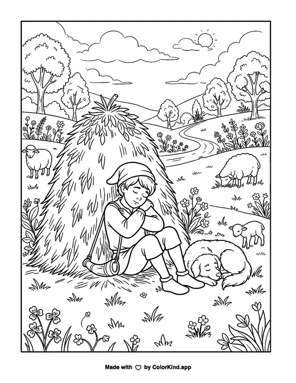 Person Resting in a Meadow with a Dog as clean black-and-white printable line art made by ColorKind