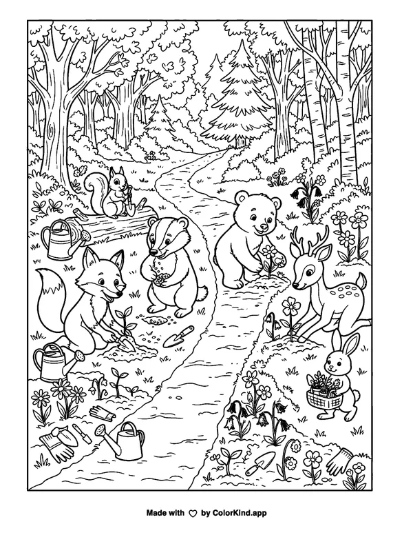 Friendly forest animals planting wildflowers along a winding woodland trail as clean black-and-white printable line art made by ColorKind