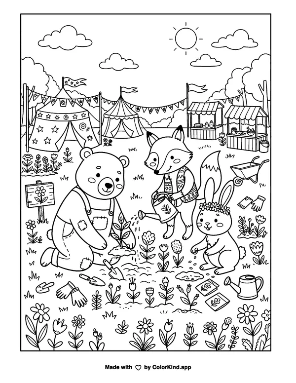 Friendly forest animals planting wildflowers at a cheerful outdoor festival as clean black-and-white printable line art made by ColorKind