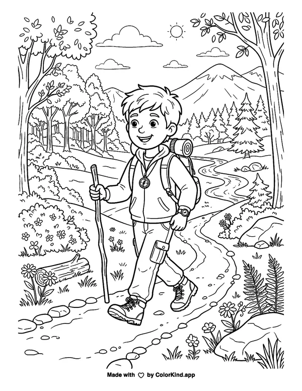 A Boy Hiking on a Mountain Trail as clean black-and-white printable line art made by ColorKind