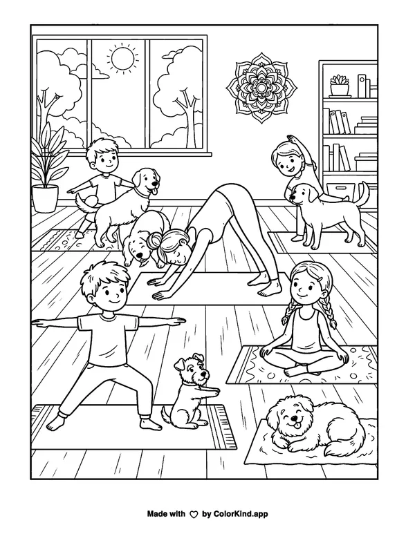 Children and dogs doing yoga as clean black-and-white printable line art made by ColorKind