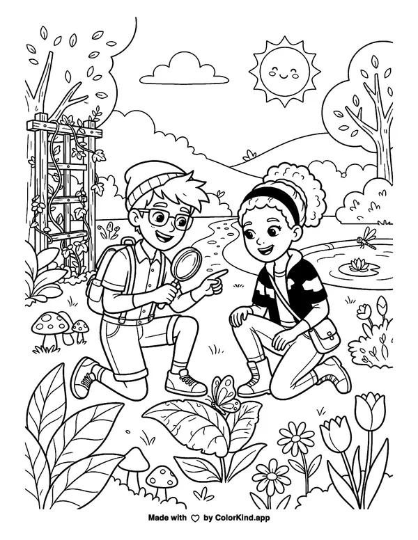 Friendly forest animals planting wildflowers under a sky full of clouds as clean black-and-white printable line art made by ColorKind