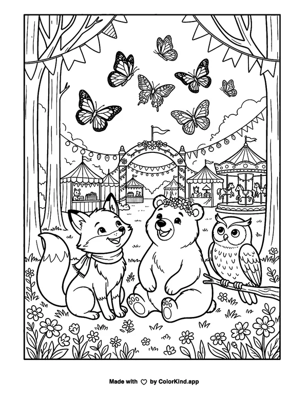 Friendly forest animals watching butterflies at a cheerful outdoor festival as clean black-and-white printable line art made by ColorKind