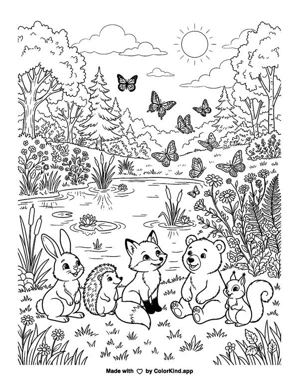 Friendly forest animals watching butterflies beside a peaceful pond as clean black-and-white printable line art made by ColorKind