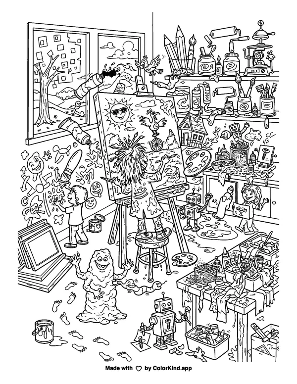 Friendly forest animals watching butterflies in a welcoming neighborhood as clean black-and-white printable line art made by ColorKind