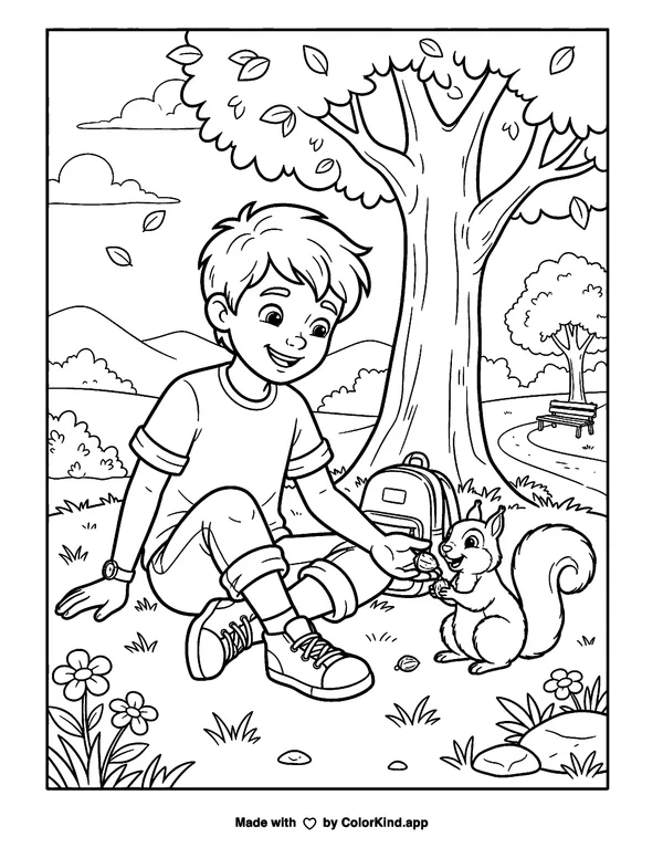 Boy feeding a squirrel in the park as clean black-and-white printable line art made by ColorKind