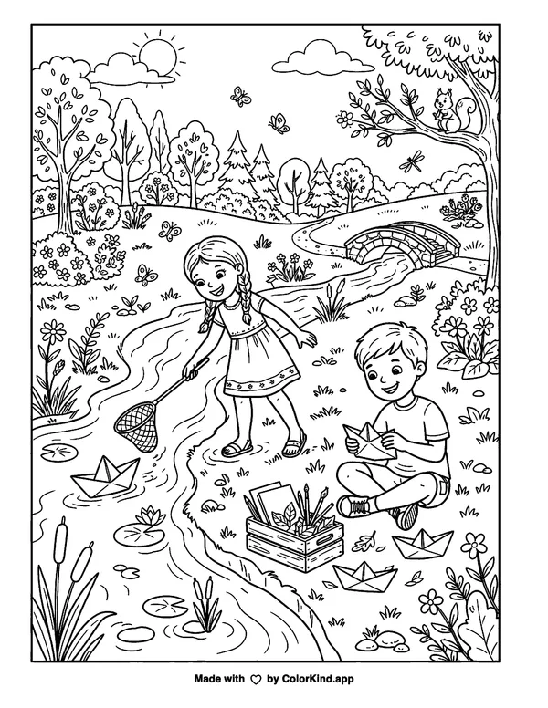 Friendly forest animals watching butterflies inside a warm storybook cottage as clean black-and-white printable line art made by ColorKind