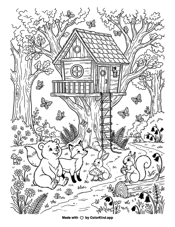 Friendly forest animals watching butterflies near a cozy treehouse, scene 3 as clean black-and-white printable line art made by ColorKind