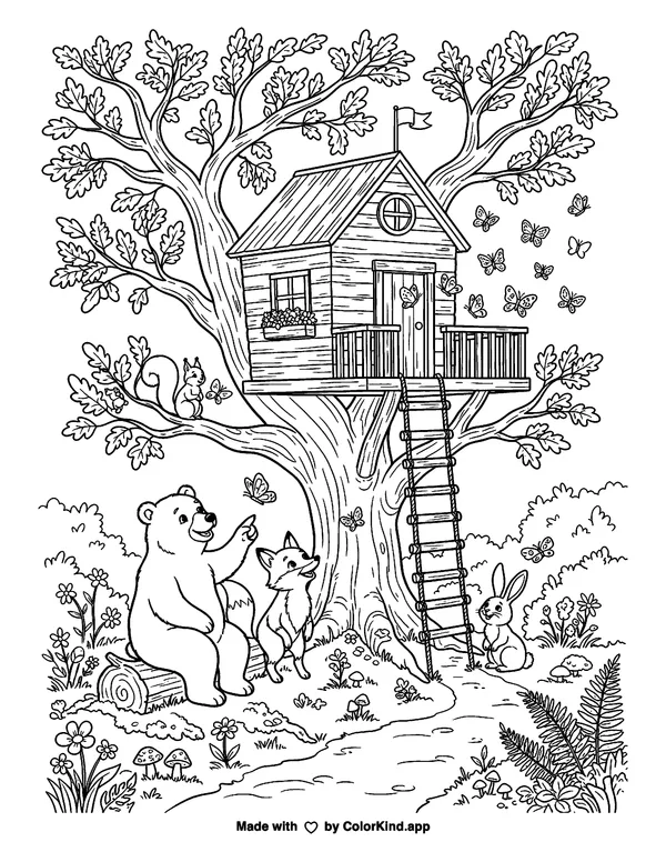 Friendly forest animals watching butterflies near a cozy treehouse, scene 4 as clean black-and-white printable line art made by ColorKind