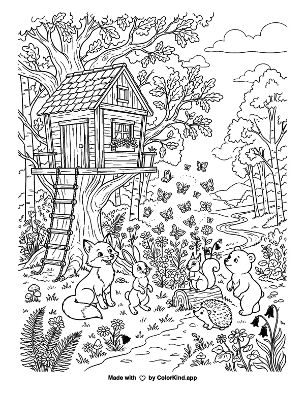 Friendly forest animals watching butterflies near a cozy treehouse, scene 2 as clean black-and-white printable line art made by ColorKind