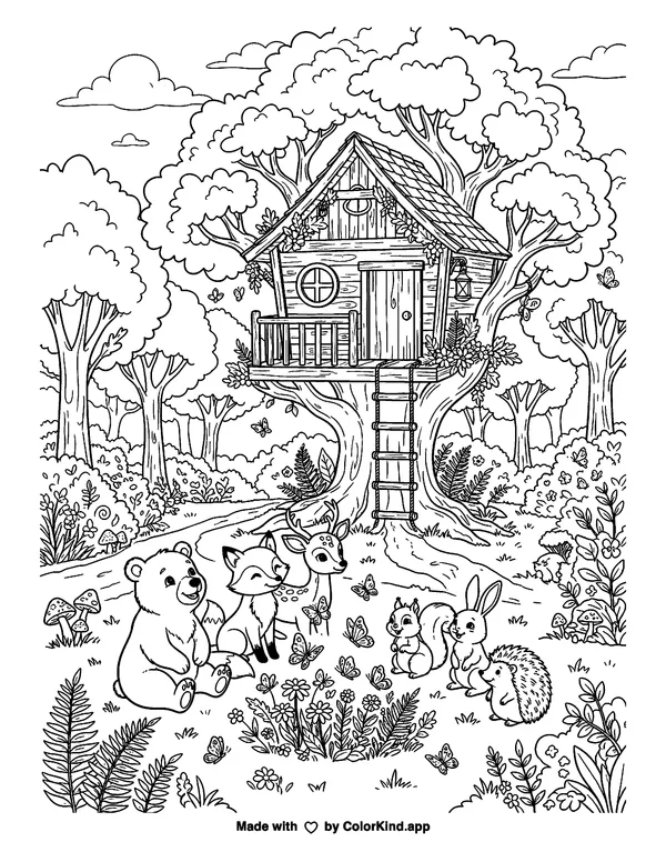 Friendly forest animals watching butterflies near a cozy treehouse as clean black-and-white printable line art made by ColorKind