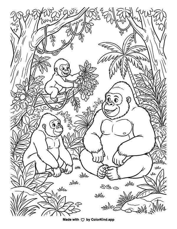 Gorilla as clean black-and-white printable line art made by ColorKind