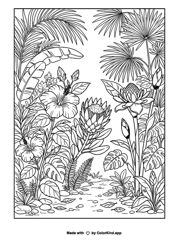 Hibiscus Protea Ginger and Palms as clean black-and-white printable line art made by ColorKind