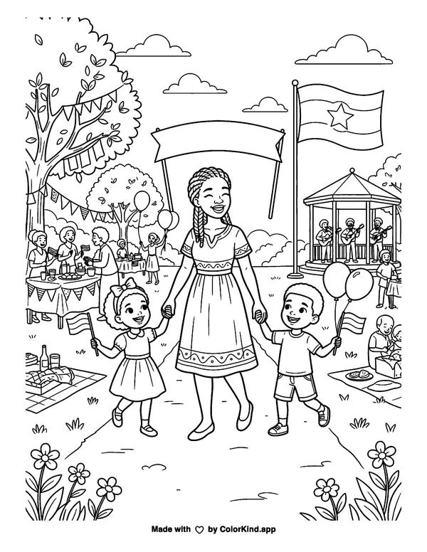 Juneteenth Freedom Day as clean black-and-white printable line art made by ColorKind