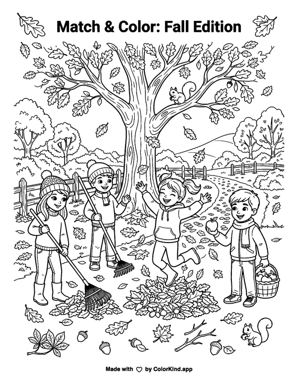Match & Color: Fall Edition as clean black-and-white printable line art made by ColorKind