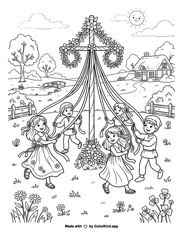 Maypole as clean black-and-white printable line art made by ColorKind