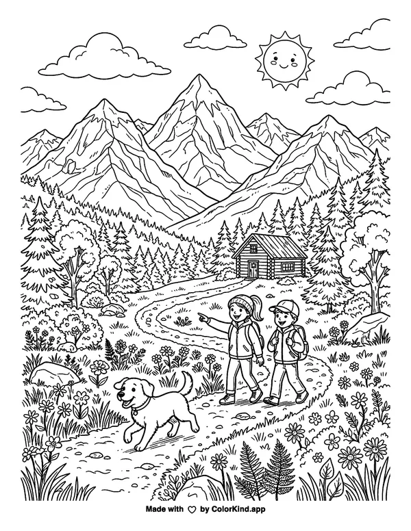 Mountains as clean black-and-white printable line art made by ColorKind