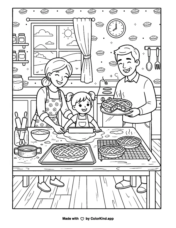 Family Baking Pies in the Kitchen as clean black-and-white printable line art made by ColorKind