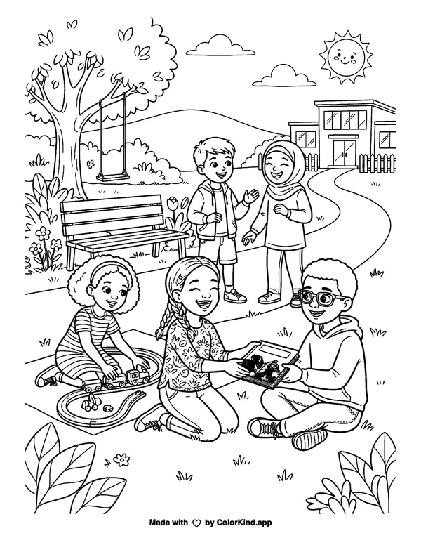 Children Playing at School as clean black-and-white printable line art made by ColorKind