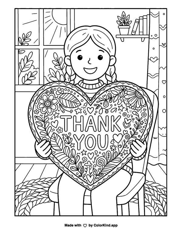 Say It Colorfully Heart Thank You Note as clean black-and-white printable line art made by ColorKind