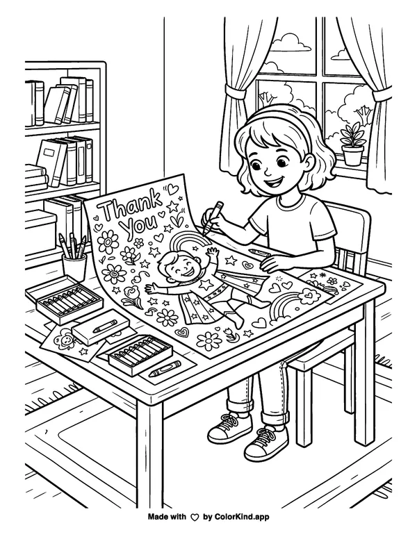 Say It Colorfully Hero Thank You Letter as clean black-and-white printable line art made by ColorKind
