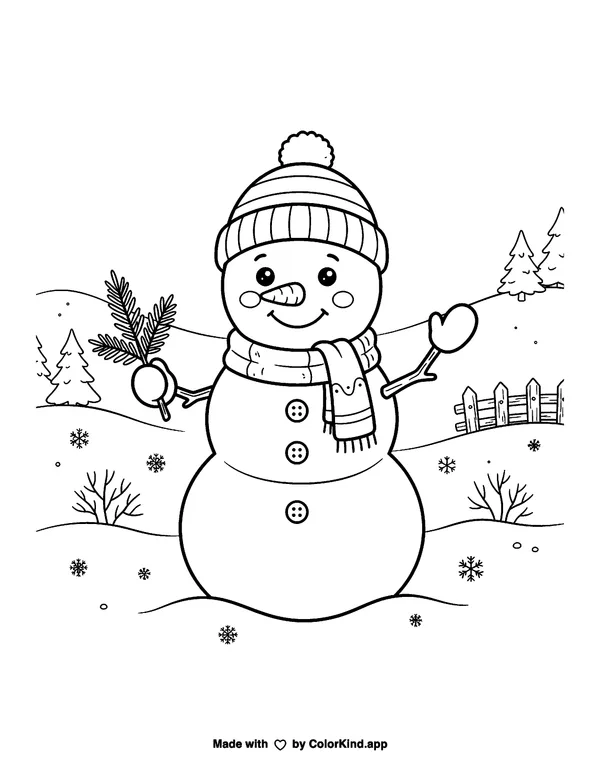 Snowman as clean black-and-white printable line art made by ColorKind